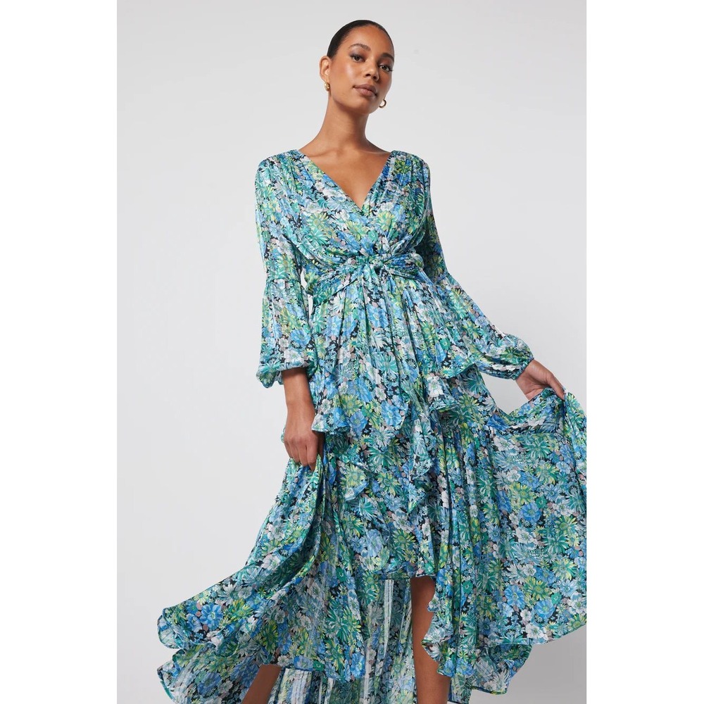 Elliatt Claude Ruffled Satin Maxi Dress Womens Blue‎ Multi Size L